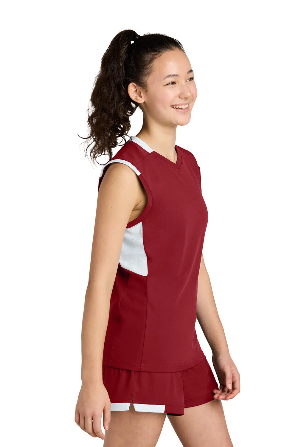 Sport-Tek Youth Club Moisture Wicking V-Neck Tank Top - Deep Red/White Clothing Sport-Tek