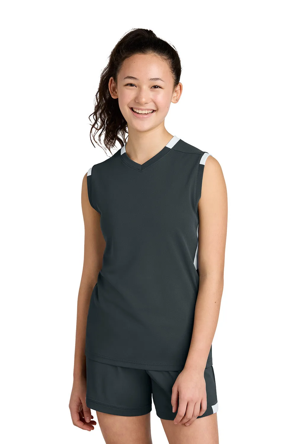 Sport-Tek Youth Club Moisture Wicking V-Neck Tank Top - Iron Grey/White Clothing Sport-Tek
