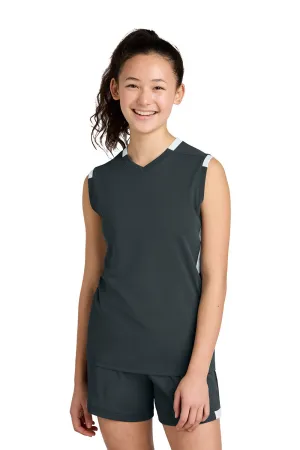 Sport-Tek Youth Club Moisture Wicking V-Neck Tank Top - Iron Grey/White Clothing Sport-Tek