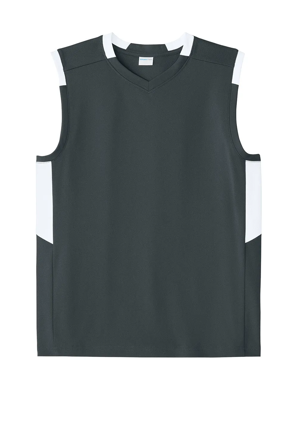 Sport-Tek Youth Club Moisture Wicking V-Neck Tank Top - Iron Grey/White Clothing Sport-Tek