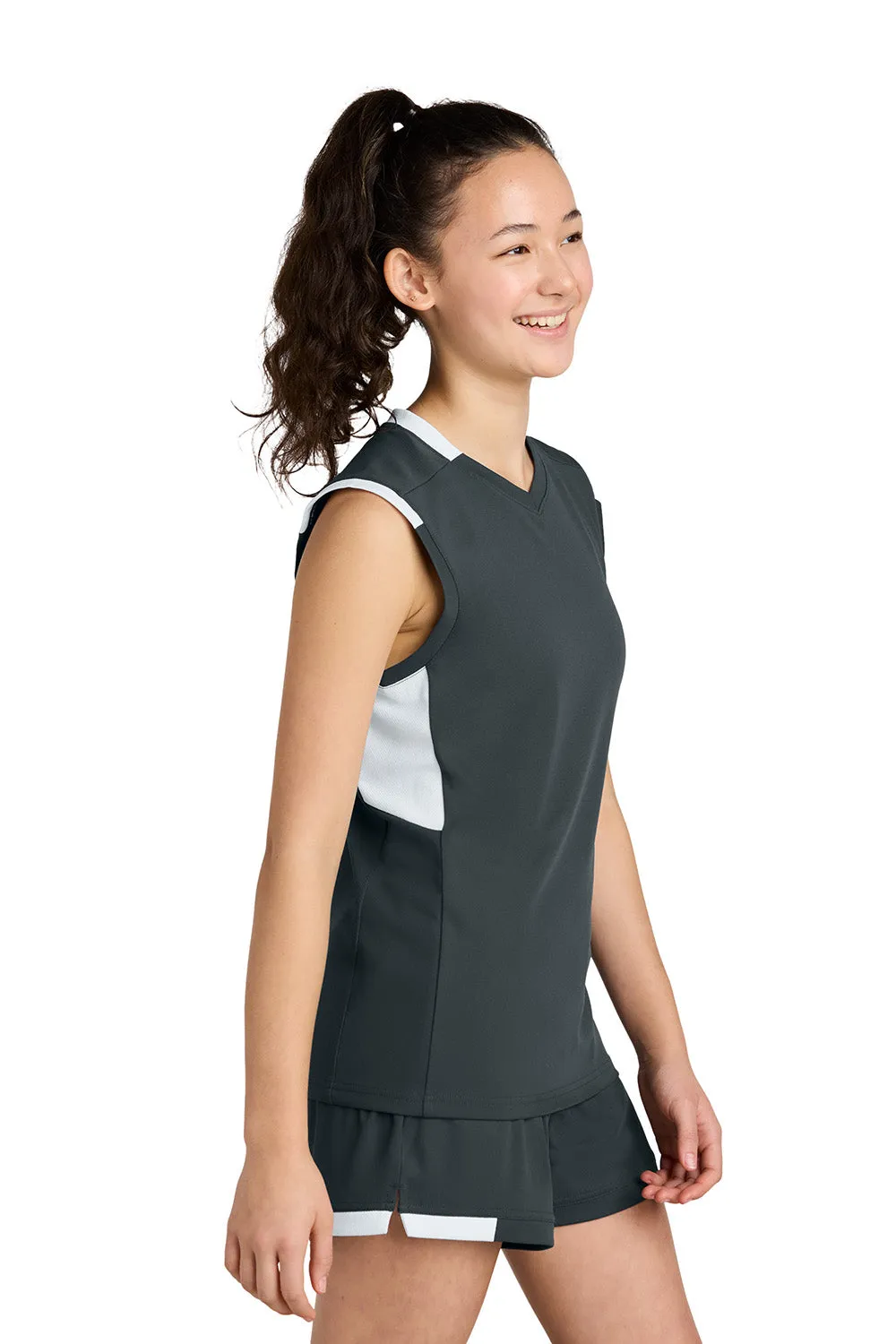 Sport-Tek Youth Club Moisture Wicking V-Neck Tank Top - Iron Grey/White Clothing Sport-Tek