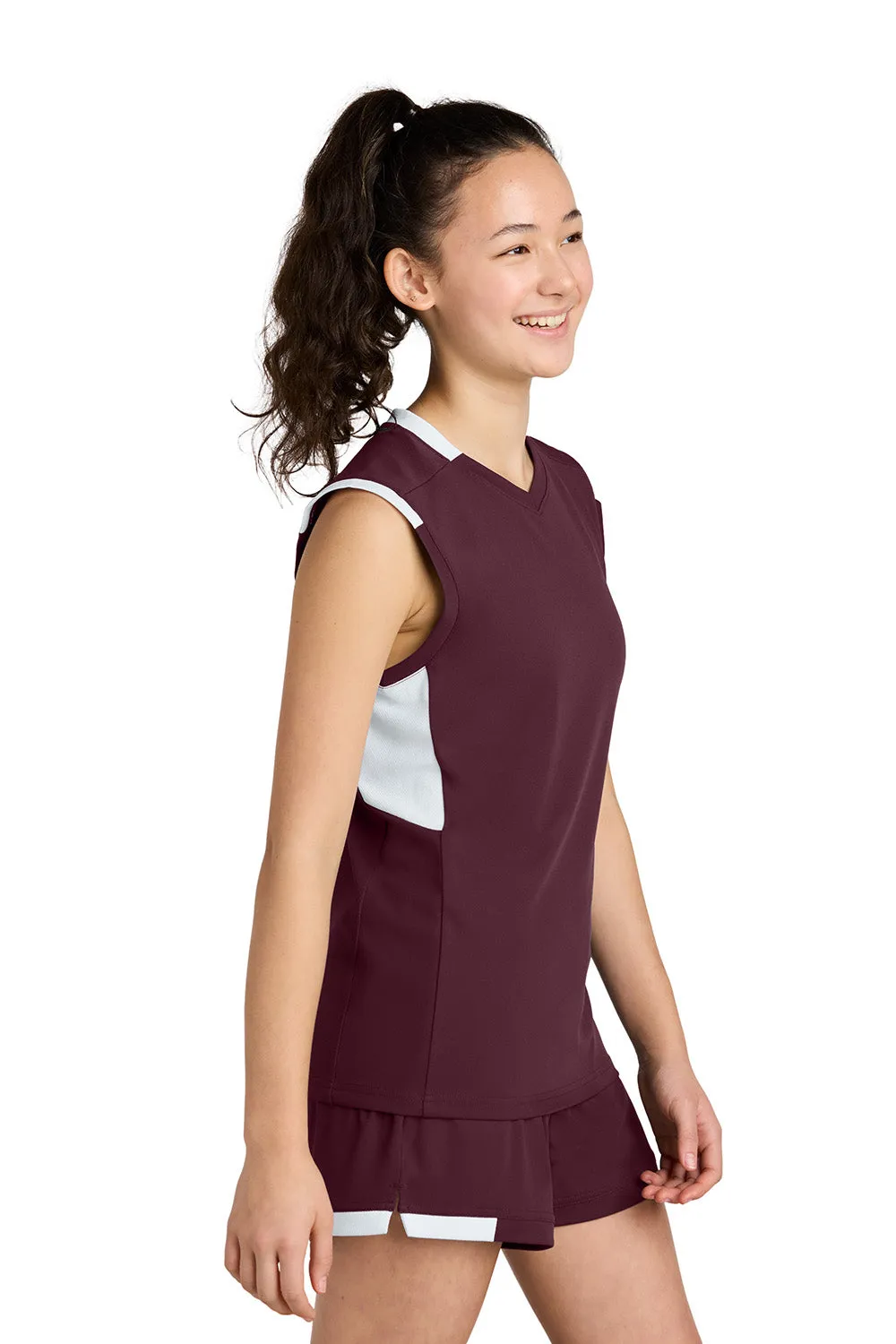 Sport-Tek Youth Club Moisture Wicking V-Neck Tank Top - Maroon/White Clothing Sport-Tek