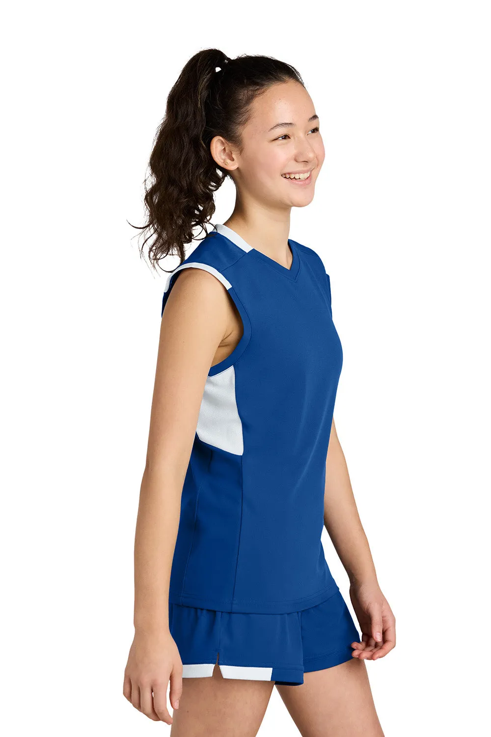 Sport-Tek Youth Club Moisture Wicking V-Neck Tank Top - True Royal Blue/White Clothing Sport-Tek