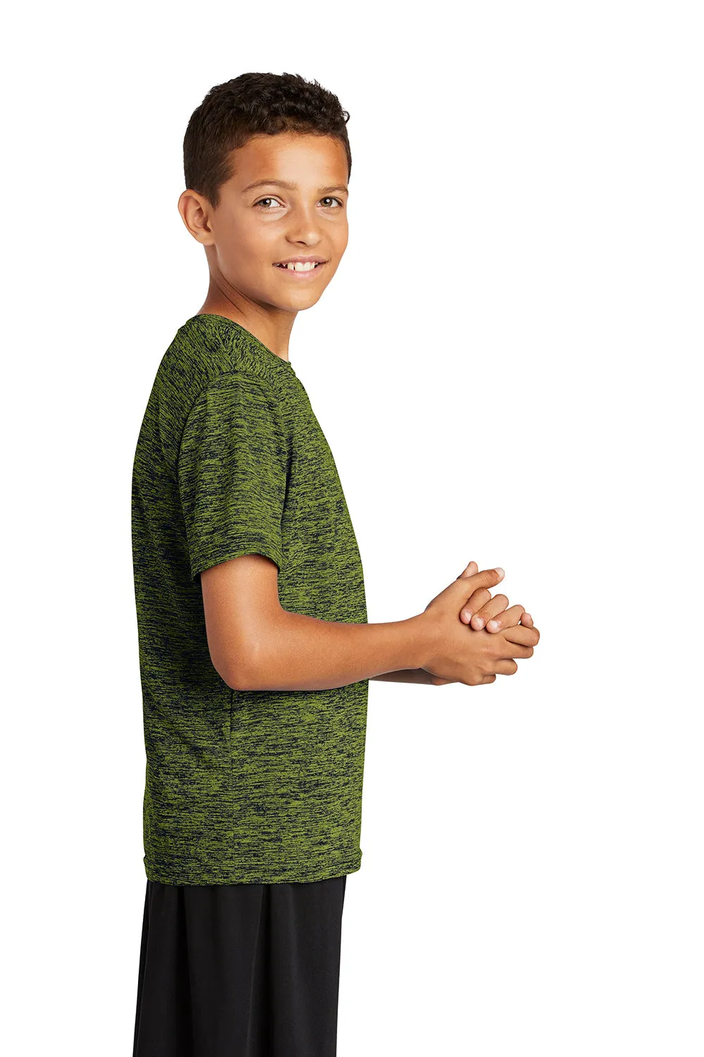 Sport-Tek Youth Electric Heather Moisture Wicking Short Sleeve Crewneck T-Shirt - Lime Shock Green True Navy Blue Electric - Closeout Clothing Sport-Tek