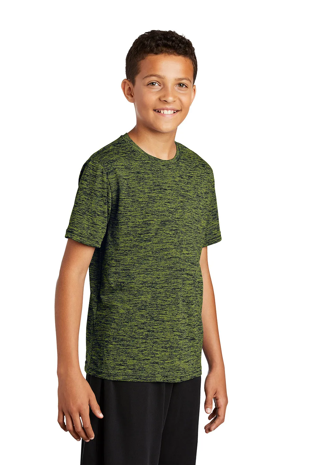 Sport-Tek Youth Electric Heather Moisture Wicking Short Sleeve Crewneck T-Shirt - Lime Shock Green True Navy Blue Electric - Closeout Clothing Sport-Tek