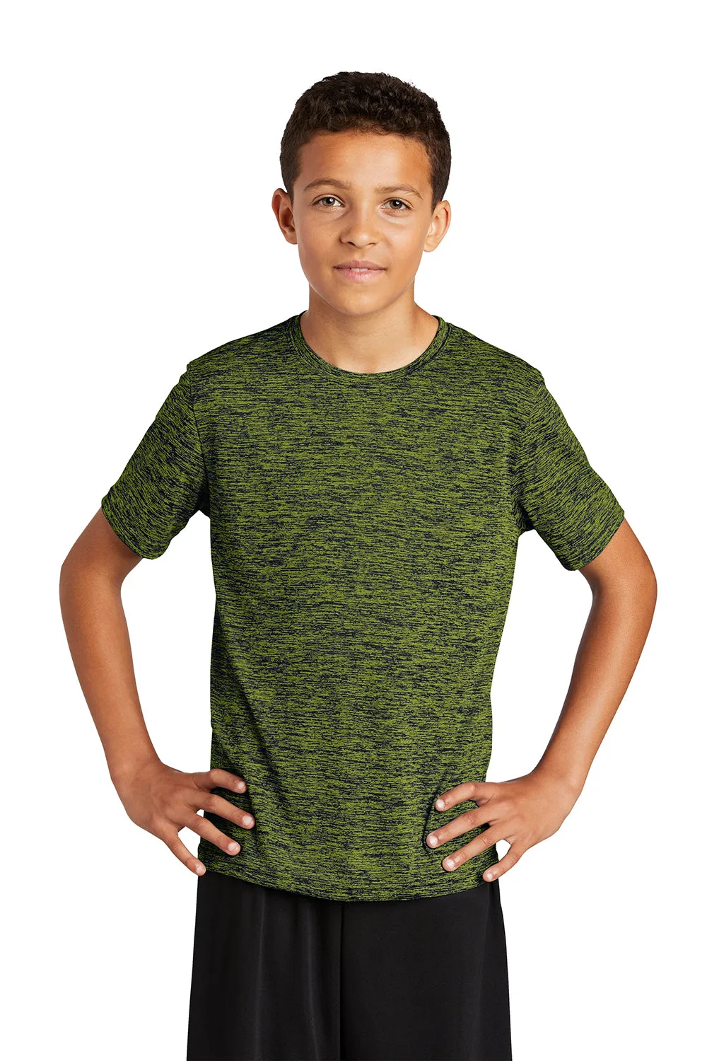 Sport-Tek Youth Electric Heather Moisture Wicking Short Sleeve Crewneck T-Shirt - Lime Shock Green True Navy Blue Electric - Closeout Clothing Sport-Tek