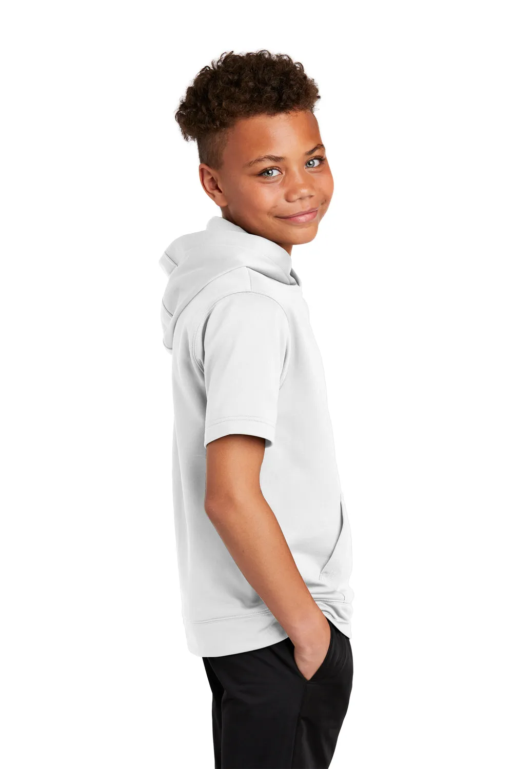 Sport-Tek Youth Fleece Moisture Wicking Short Sleeve Hooded Sweatshirt Hoodie w/ Pouch Pocket - White Clothing Sport-Tek