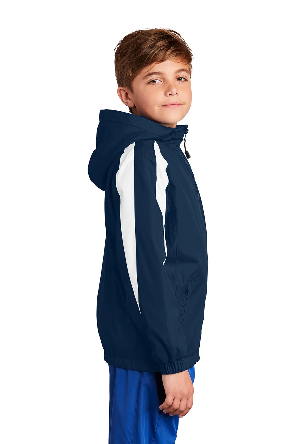 Sport-Tek Youth Full Zip Hooded Jacket - True Navy Blue/White Clothing Sport-Tek