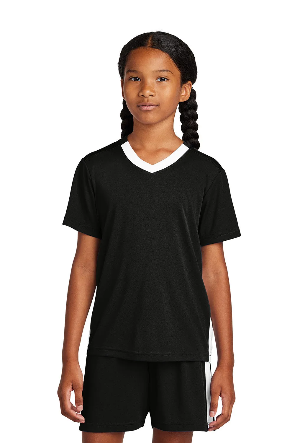 Sport-Tek Youth Moisture Wicking Competitor United Short Sleeve V-Neck T-Shirt - Black/White Clothing Sport-Tek
