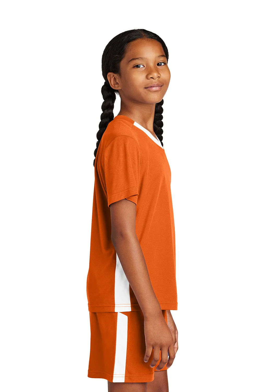 Sport-Tek Youth Moisture Wicking Competitor United Short Sleeve V-Neck T-Shirt - Deep Orange/White Clothing Sport-Tek