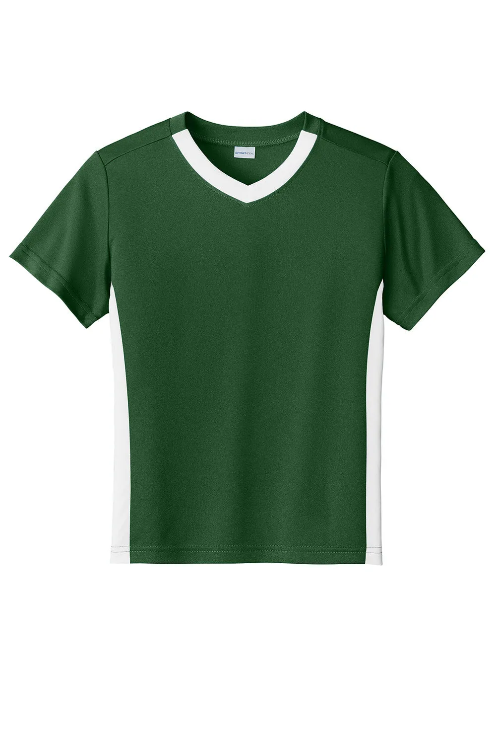 Sport-Tek Youth Moisture Wicking Competitor United Short Sleeve V-Neck T-Shirt - Forest Green/White Clothing Sport-Tek
