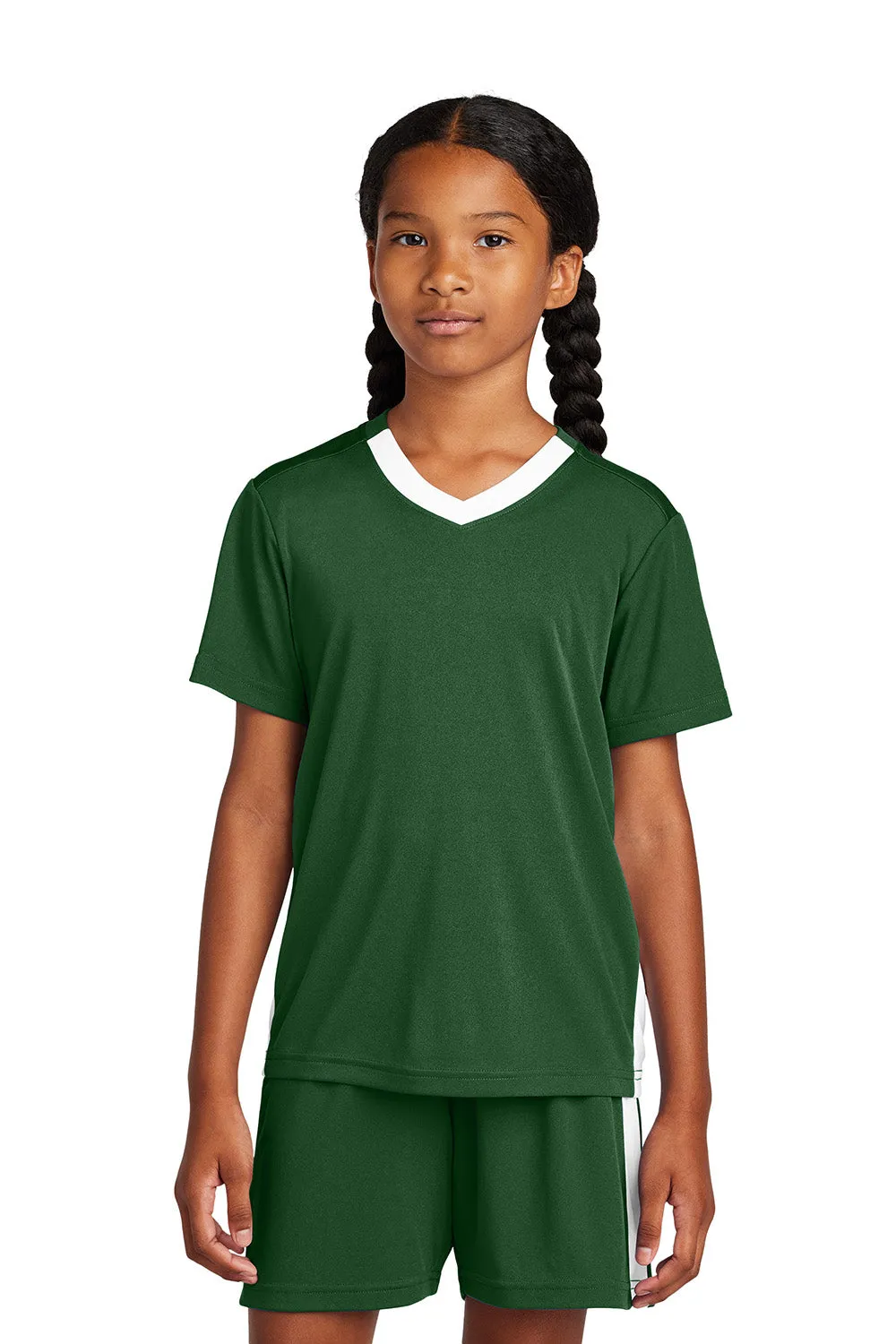 Sport-Tek Youth Moisture Wicking Competitor United Short Sleeve V-Neck T-Shirt - Forest Green/White Clothing Sport-Tek