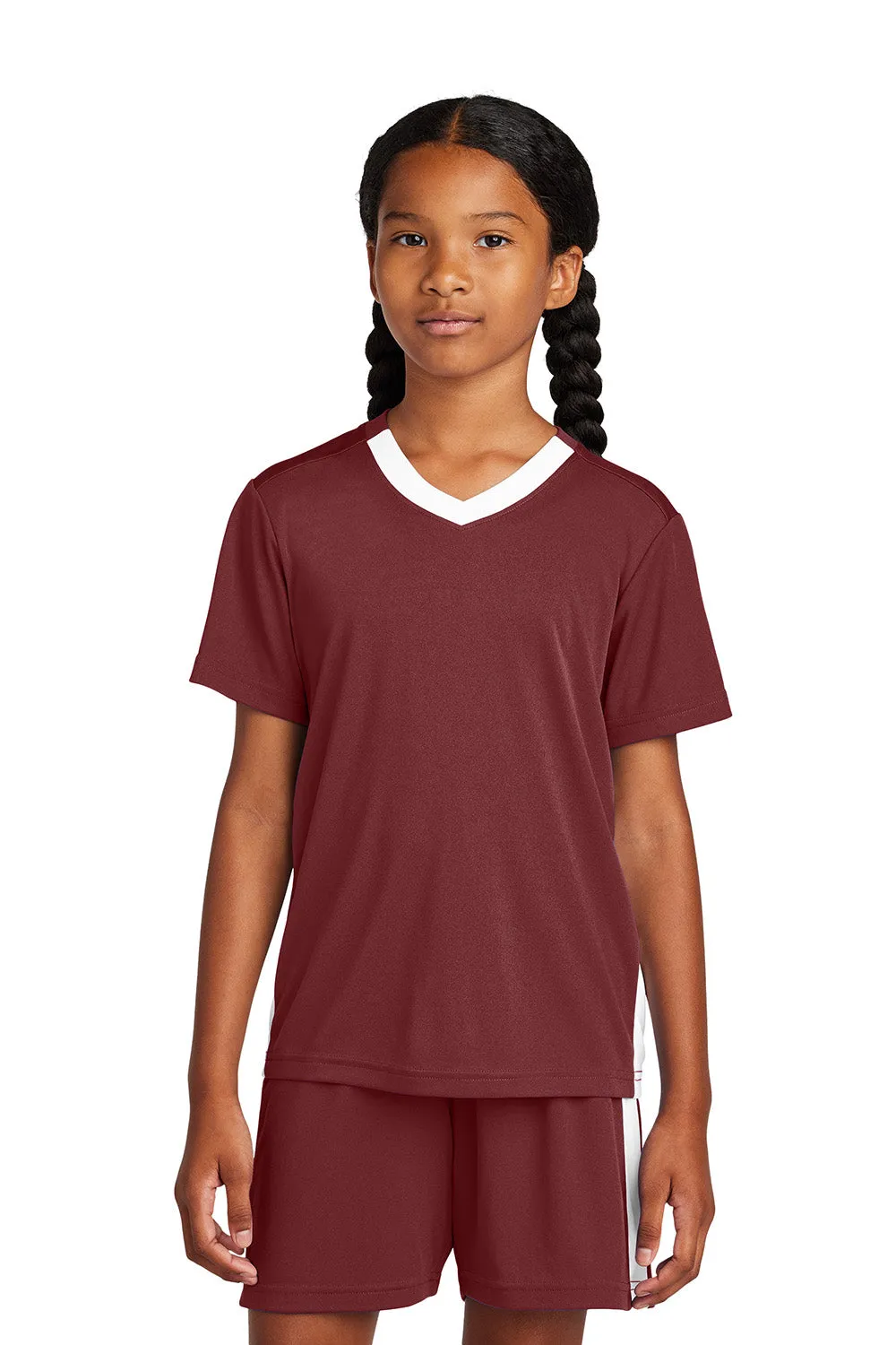 Sport-Tek Youth Moisture Wicking Competitor United Short Sleeve V-Neck T-Shirt - Maroon/White Clothing Sport-Tek