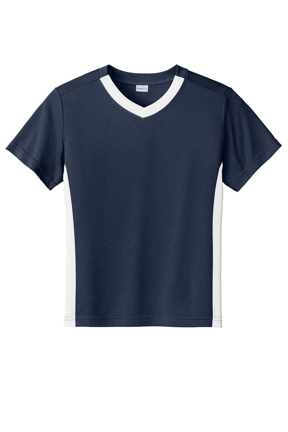Sport-Tek Youth Moisture Wicking Competitor United Short Sleeve V-Neck T-Shirt - True Navy Blue/White Clothing Sport-Tek