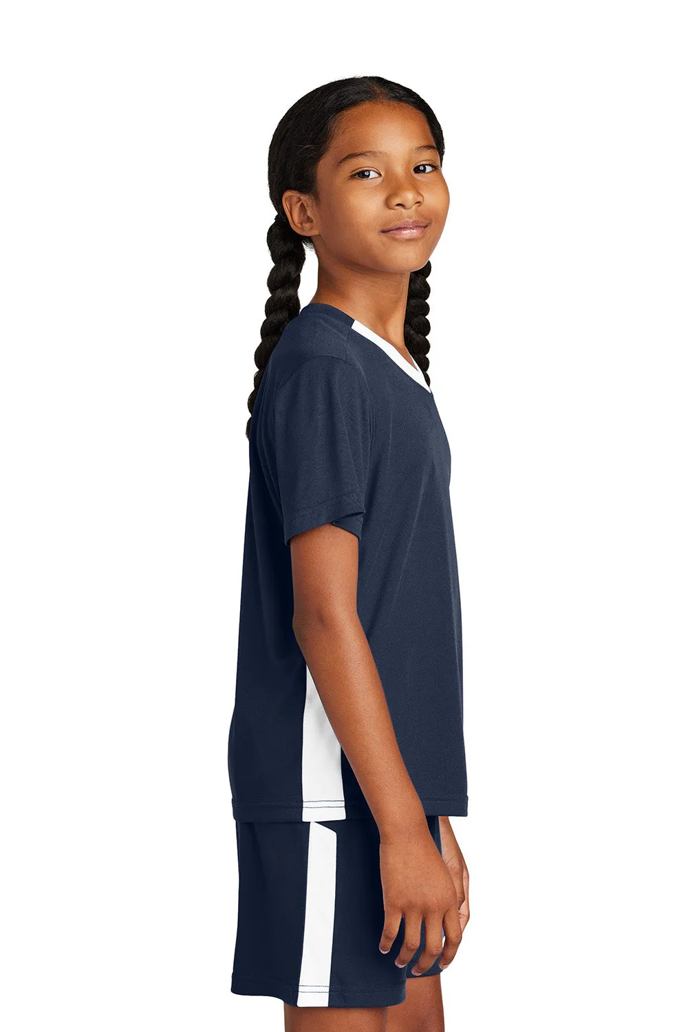 Sport-Tek Youth Moisture Wicking Competitor United Short Sleeve V-Neck T-Shirt - True Navy Blue/White Clothing Sport-Tek