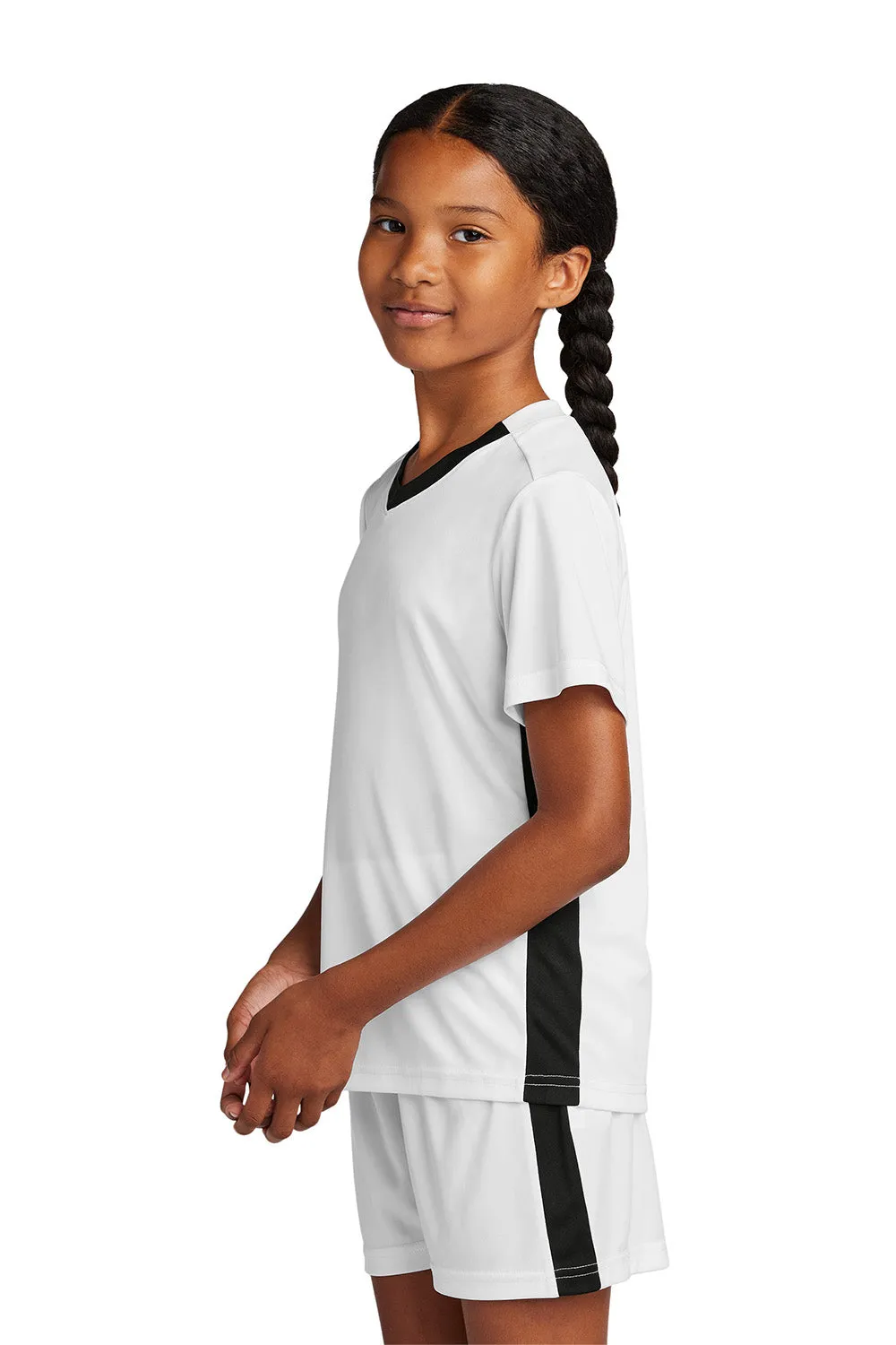 Sport-Tek Youth Moisture Wicking Competitor United Short Sleeve V-Neck T-Shirt - White/Black Clothing Sport-Tek