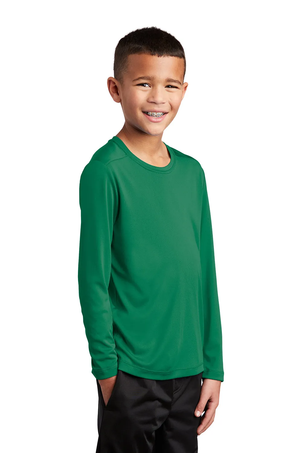 Sport-Tek Youth Moisture Wicking Long Sleeve Crewneck T-Shirt - Kelly Green - Closeout Clothing Sport-Tek