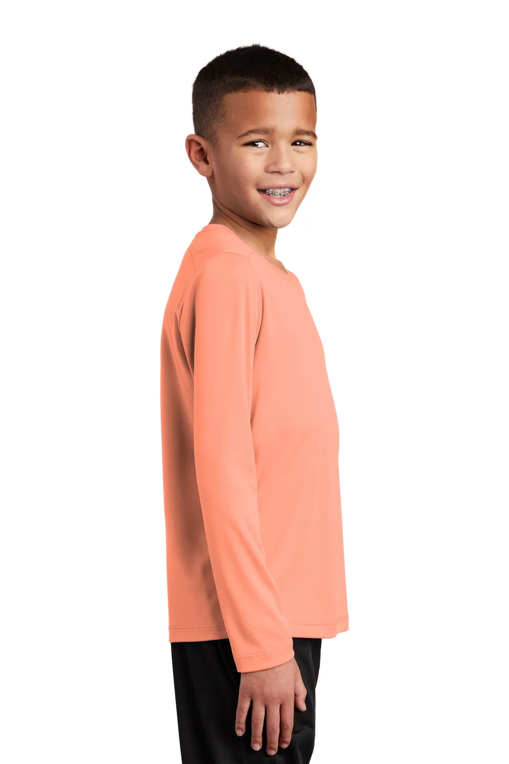 Sport-Tek Youth Moisture Wicking Long Sleeve Crewneck T-Shirt - Soft Coral Orange Clothing Sport-Tek
