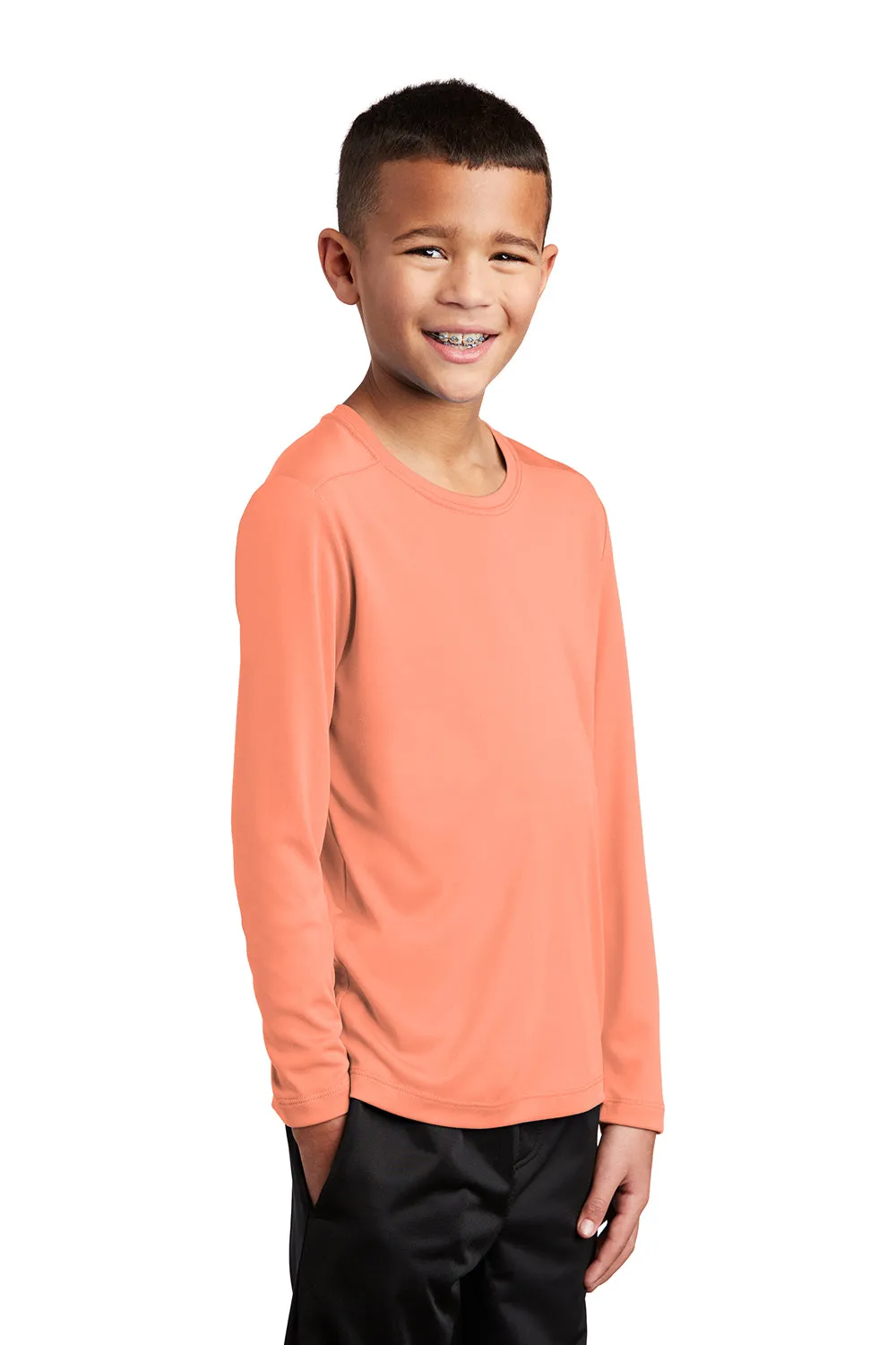 Sport-Tek Youth Moisture Wicking Long Sleeve Crewneck T-Shirt - Soft Coral Orange Clothing Sport-Tek