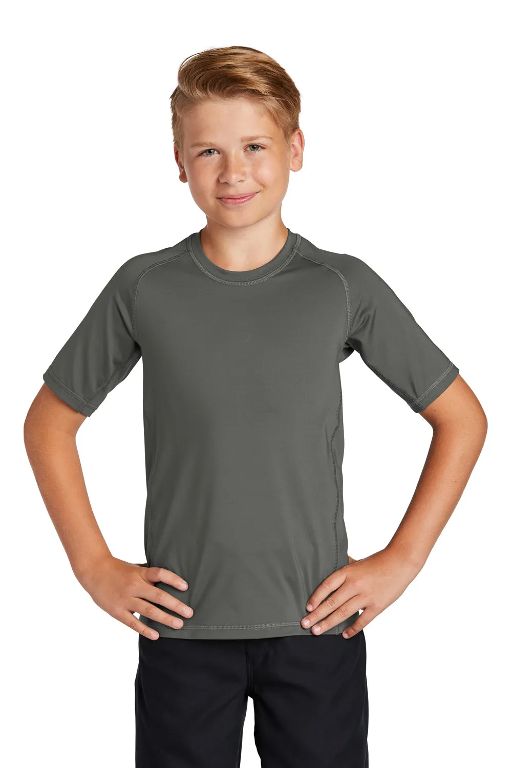 Sport-Tek Youth Rashguard Moisture Wicking Short Sleeve Crewneck T-Shirt - Dark Smoke Grey Clothing Sport-Tek