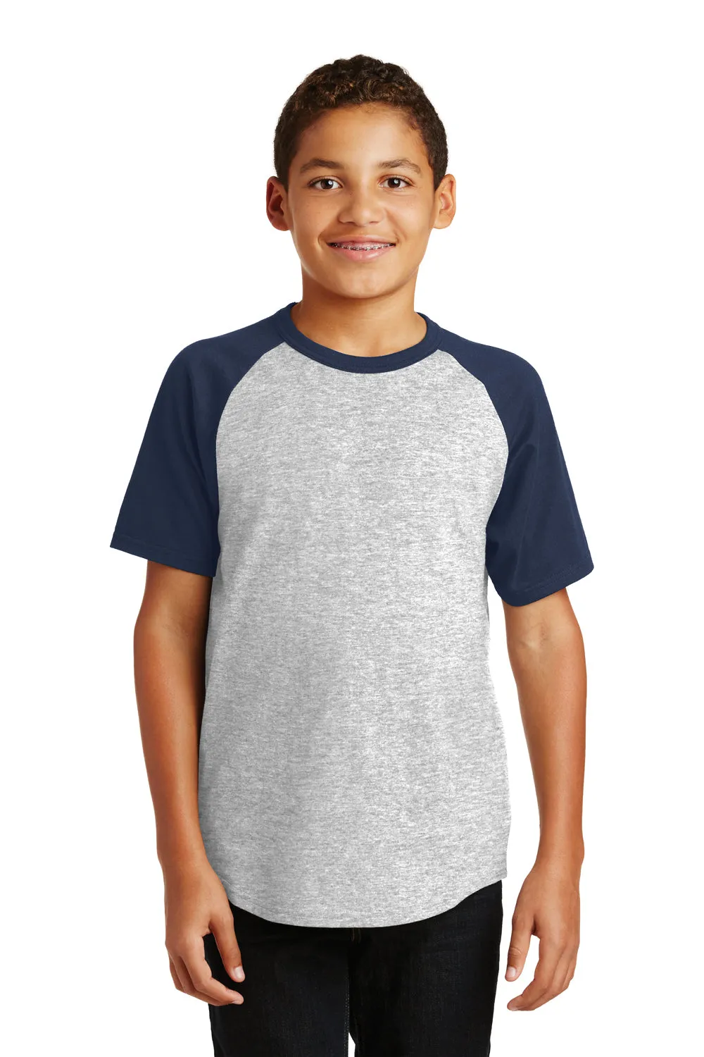 Sport-Tek Youth Short Sleeve Crewneck T-Shirt - Heather Grey/Navy Blue Clothing Sport-Tek