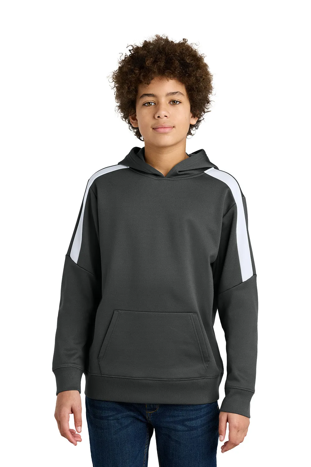 Sport-Tek Youth Sport-Wick Moisture Wicking United Fleece Hooded Sweatshirt Hoodie w/ Pouch Pocket - Iron Grey/White Clothing Sport-Tek