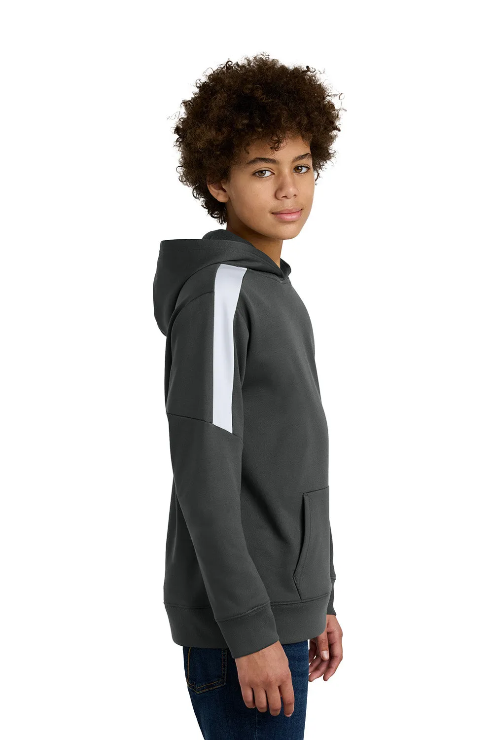 Sport-Tek Youth Sport-Wick Moisture Wicking United Fleece Hooded Sweatshirt Hoodie w/ Pouch Pocket - Iron Grey/White Clothing Sport-Tek