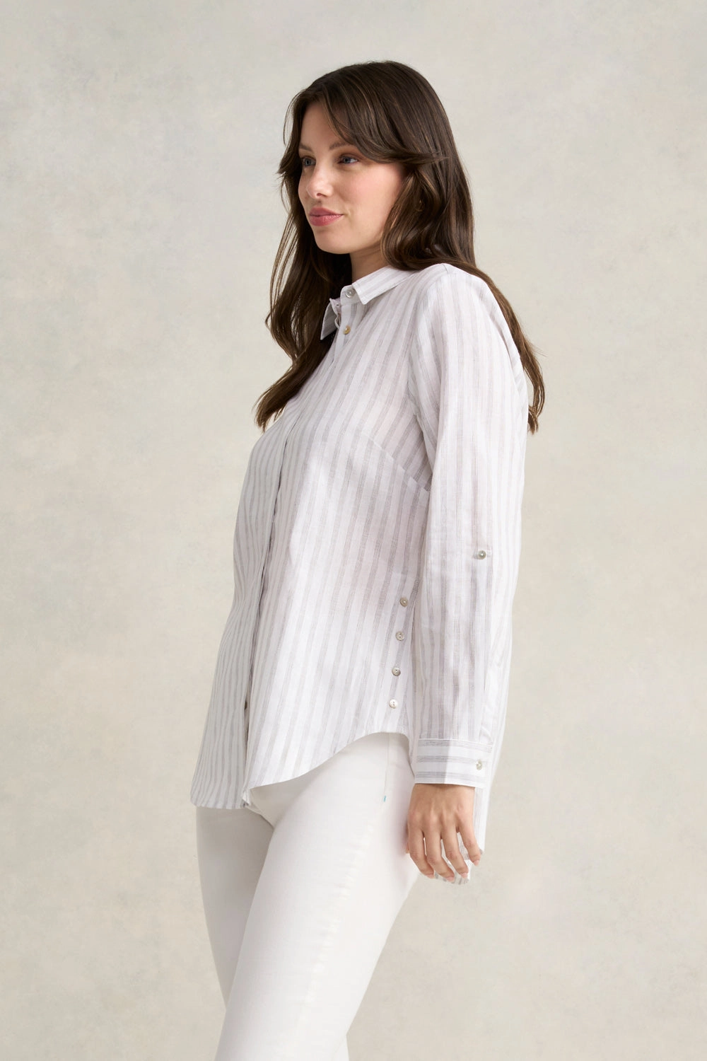 Stripe Side Button Shirt - Grey White Stripe