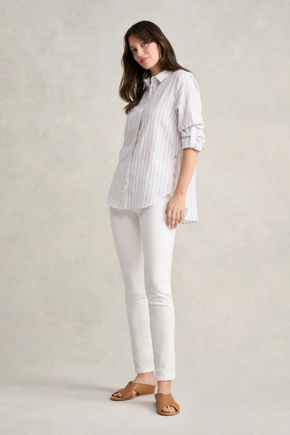 Stripe Side Button Shirt - Grey White Stripe