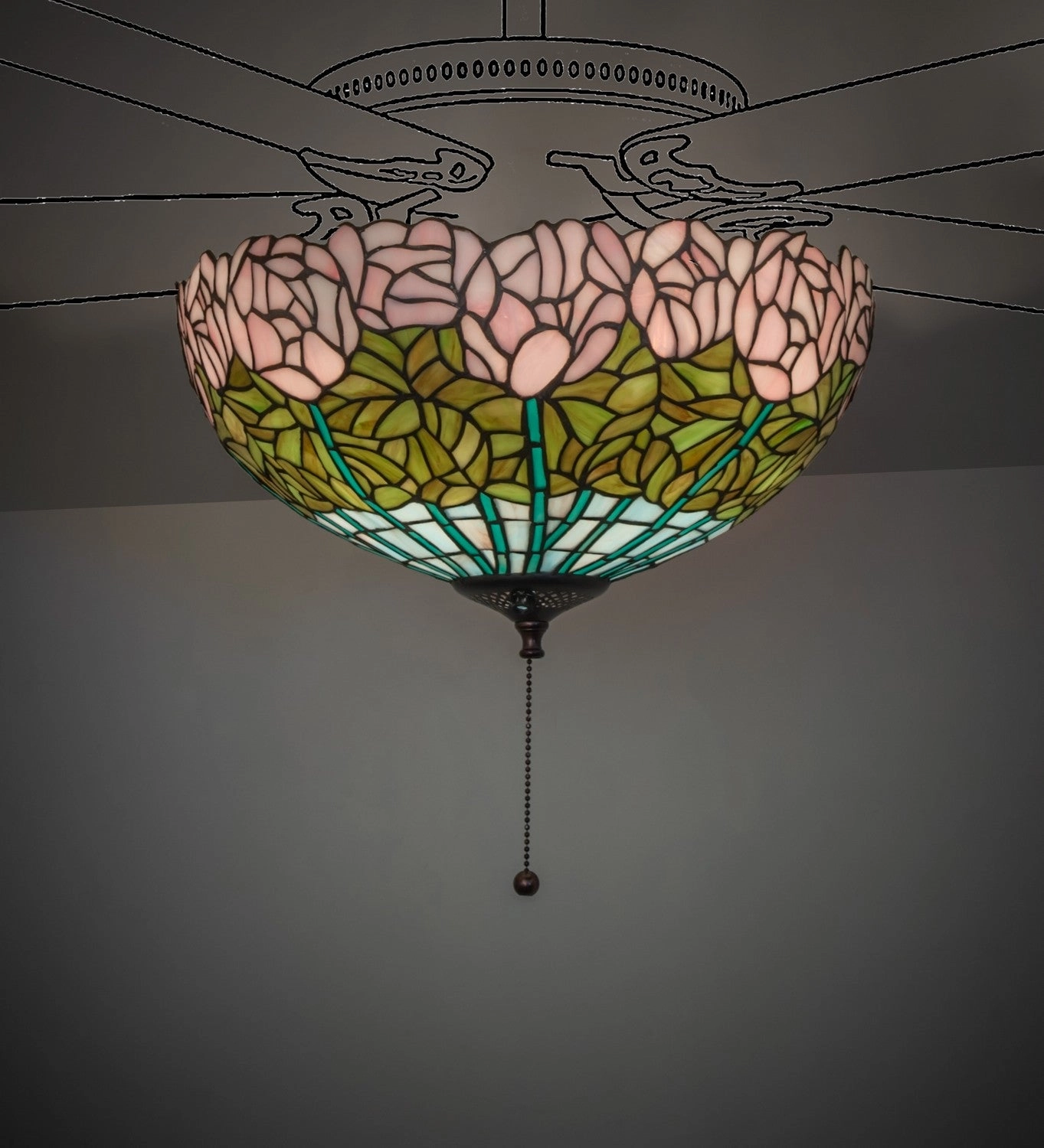 Tiffany Cabbage Rose Three Light Fan Light Fixture