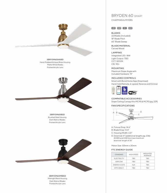Visual Comfort Bryden 60" Smart Indoor/Outdoor DC Ceiling Fan with 21W LED and Remote